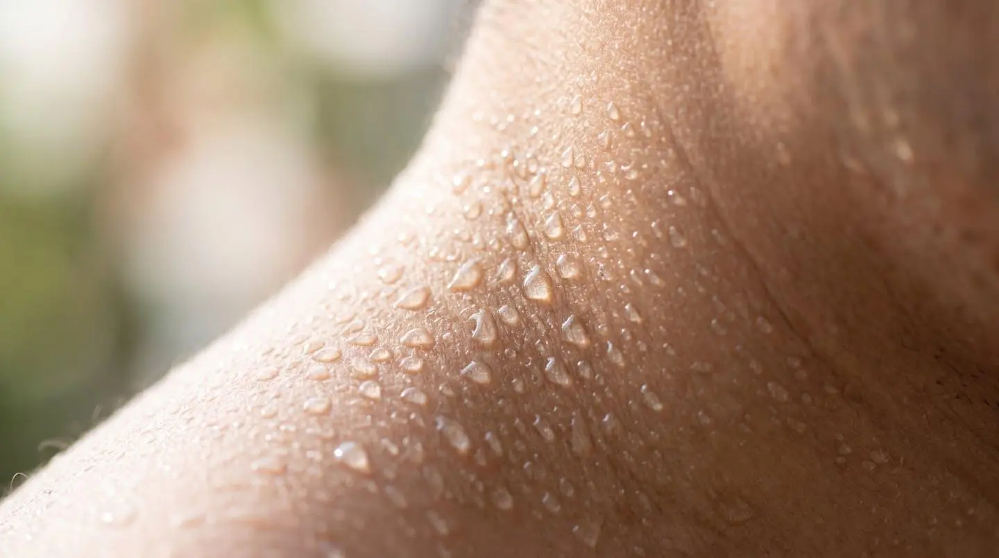 Gros plan extrême sur des gouttes de sueur se formant à la surface de la peau avec un arrière-plan flouté