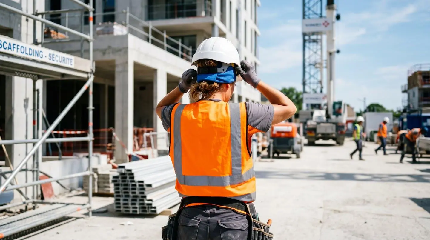Ouvrier de chantier vu de dos ajustant une casquette sous son casque de sécurité sur un site extérieur lumineux