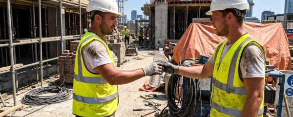 Deux ouvriers de chantier en gilets haute visibilité échangent une bouteille d'eau sous un soleil éclatant, pris de profil sans regarder la caméra