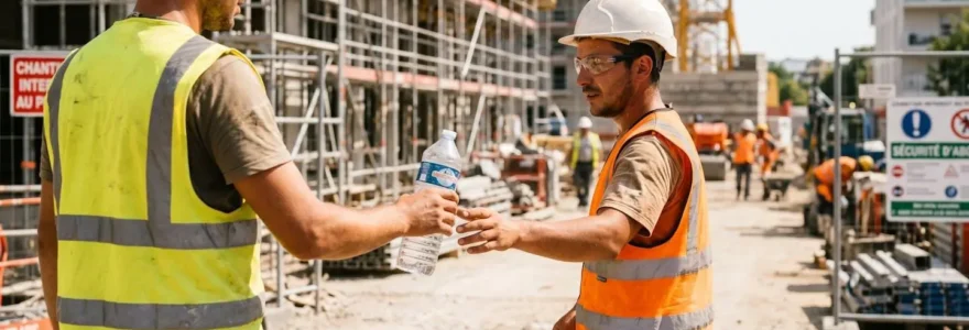 Deux ouvriers de chantier en gilets haute visibilité échangent une bouteille d'eau sous un soleil éclatant, pris de profil sans regarder la caméra