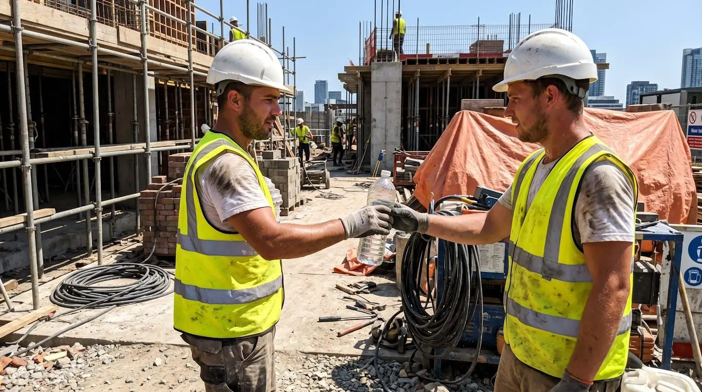 Deux ouvriers de chantier en gilets haute visibilité échangent une bouteille d'eau sous un soleil éclatant, pris de profil sans regarder la caméra